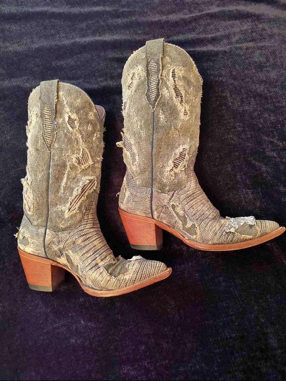 Dan Post Buckshot Blue Denim Teju Lizard Western Cowboy Boots Womans Size 6.5